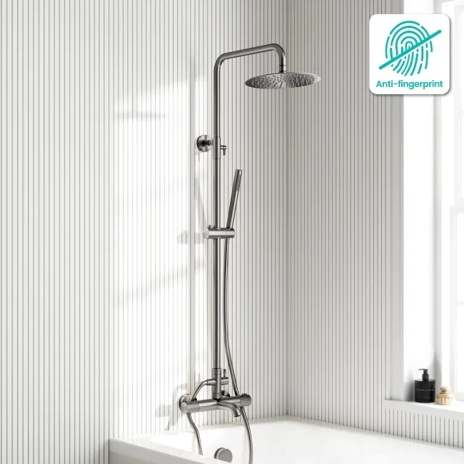 Suir Premium Round Brushed Gunmetal Thermostatic Bath Filler Shower Set with Knurled Detailing