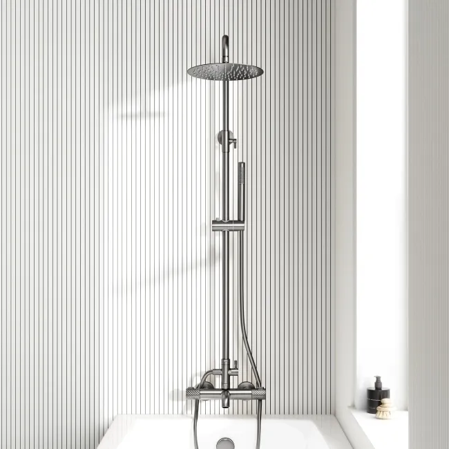 Suir Premium Round Brushed Gunmetal Thermostatic Bath Filler Shower Set with Knurled Detailing