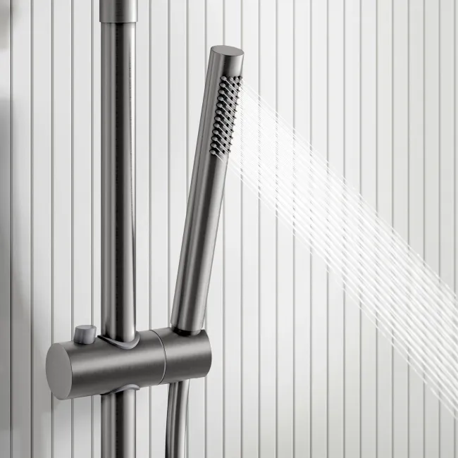 Suir Premium Round Brushed Gunmetal Thermostatic Bath Filler Shower Set with Knurled Detailing
