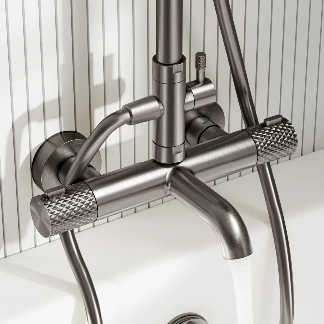 Suir Premium Round Brushed Gunmetal Thermostatic Bath Filler Shower Set with Knurled Detailing