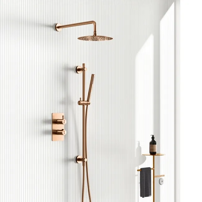 Suir Premium Brushed Copper Round Thermostatic Shower Set with Knurled Detailing