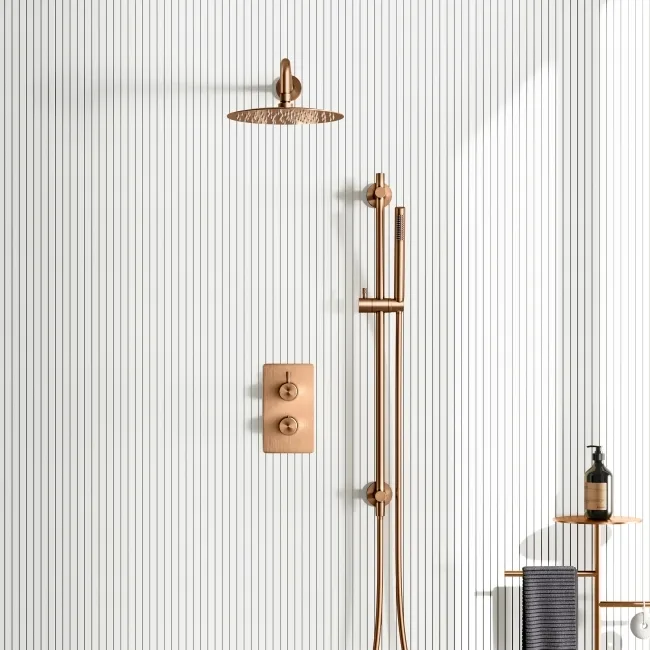 Suir Premium Brushed Copper Round Thermostatic Shower Set with Knurled Detailing