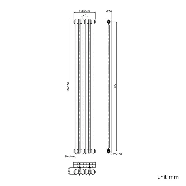 Athens Antique Copper Double Column Vertical Traditional Radiator 1800x290mm