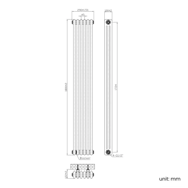 Athens Antique Copper Triple Column Vertical Traditional Radiator 1800x290mm
