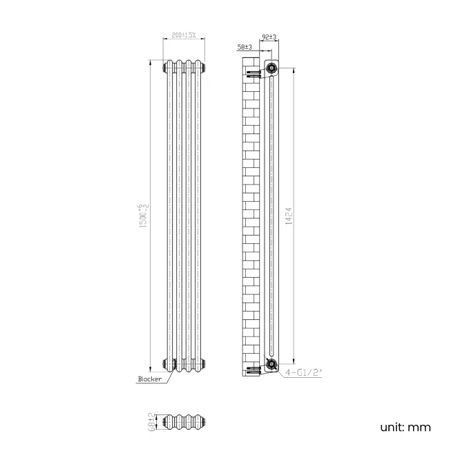 Athens Antique Gold Double Column Vertical Traditional Radiator 1500x200mm