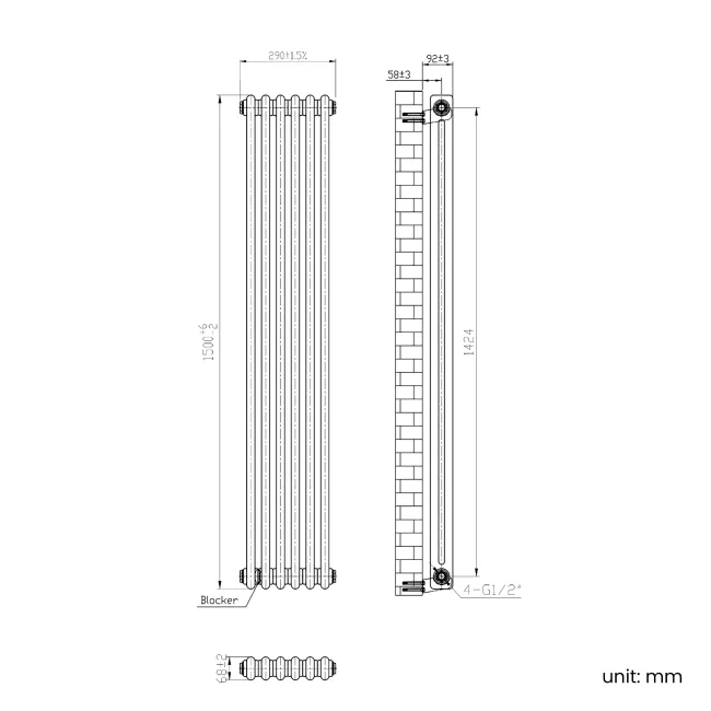Athens Antique Gold Double Column Vertical Traditional Radiator 1500x290mm
