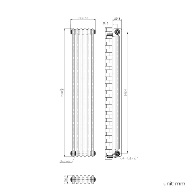 Athens Antique Gold Triple Column Vertical Traditional Radiator 1500x290mm