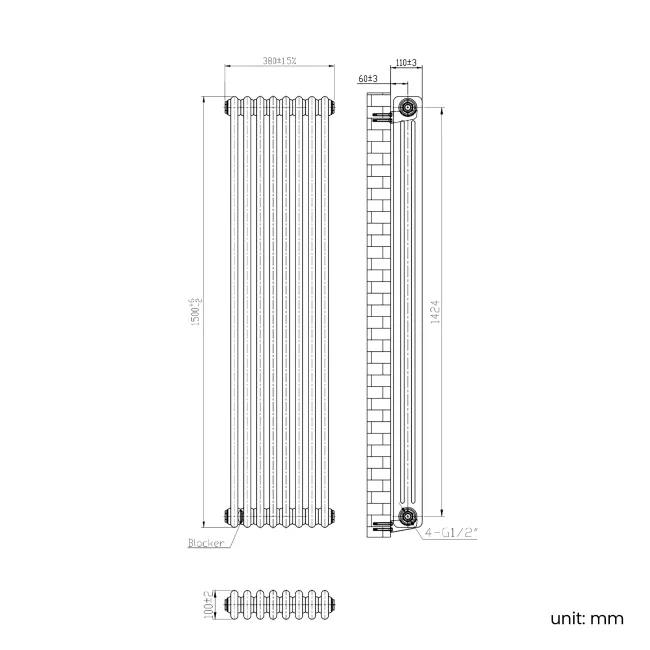 Athens Antique Gold Triple Column Vertical Traditional Radiator 1500x380mm