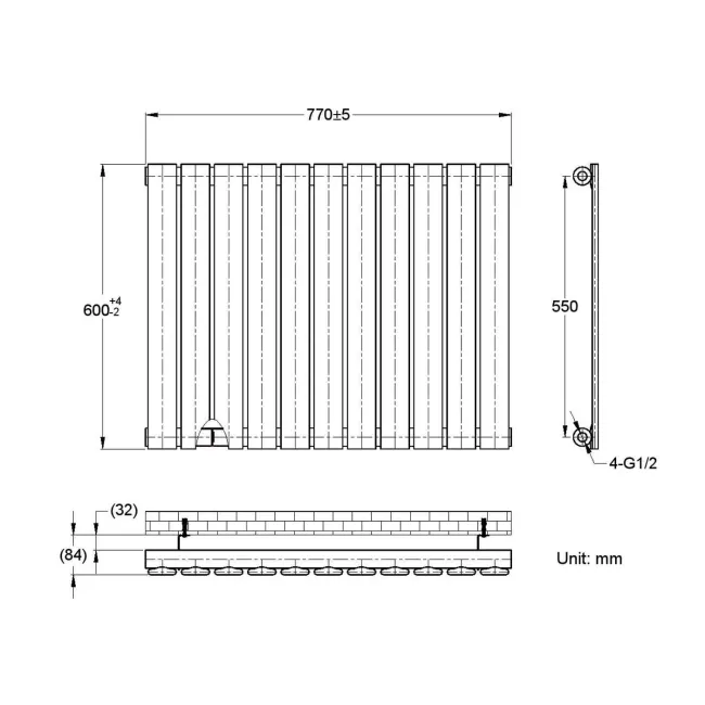 Faro Matt Black Single Flat Panel Horizontal Radiator 600x770mm