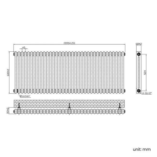 Athens Anthracite Double Column Horizontal Traditional Radiator 600x1595mm
