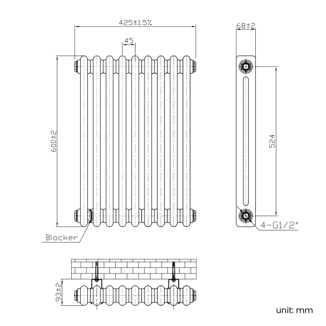Athens Antique Copper Double Column Horizontal Traditional Radiator 600x425mm