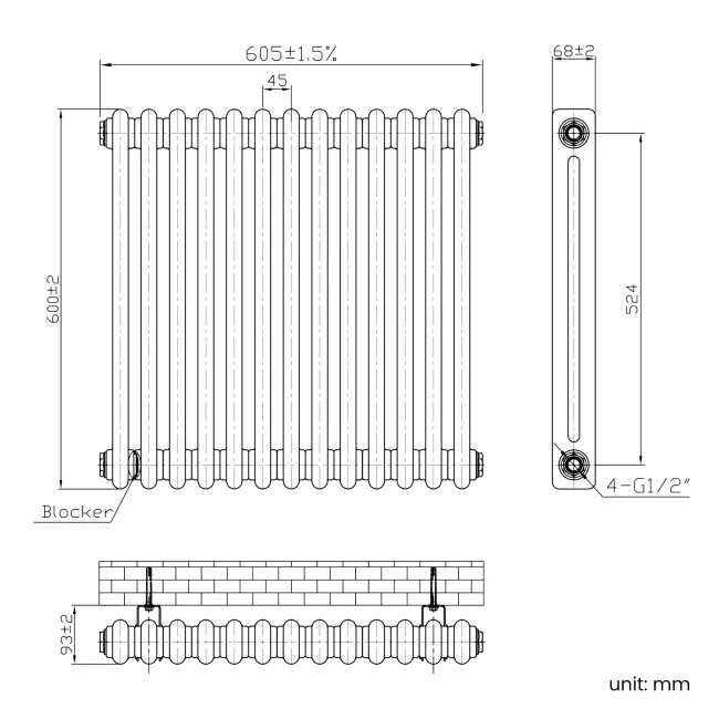 Athens Antique Copper Double Column Horizontal Traditional Radiator 600x605mm