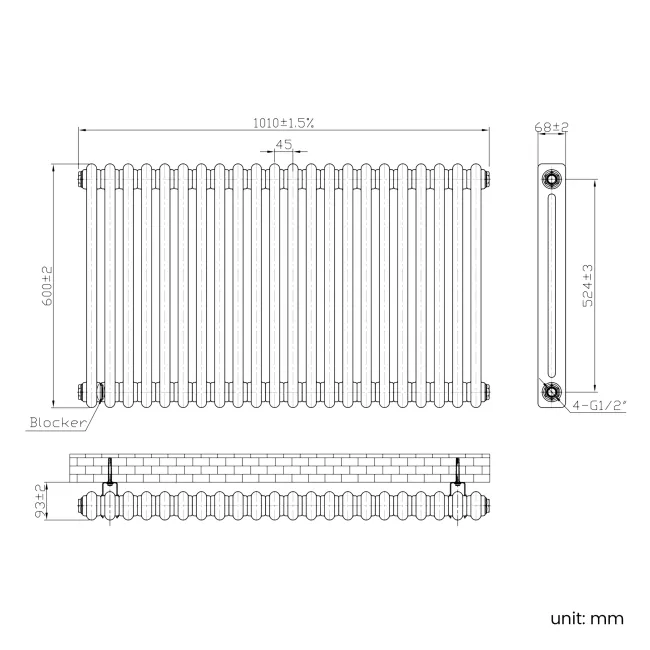 Athens Antique Copper Double Column Horizontal Traditional Radiator 600x1010mm