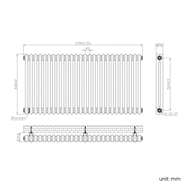 Athens Antique Copper Double Column Horizontal Traditional Radiator 600x1190mm