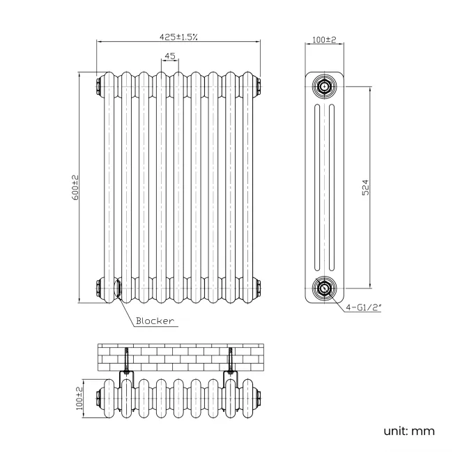 Athens Antique Copper Triple Column Horizontal Traditional Radiator 600x425mm