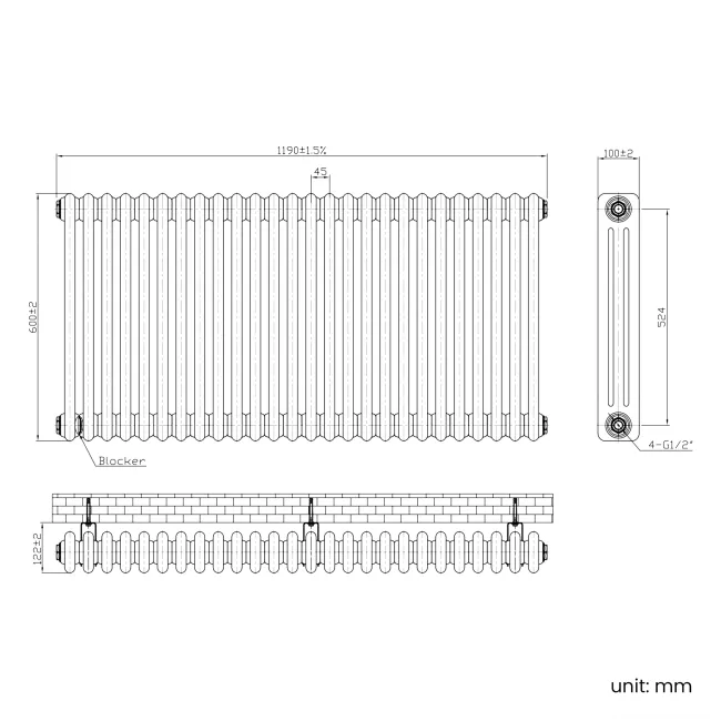 Athens Antique Copper Triple Column Horizontal Traditional Radiator 600x1190mm