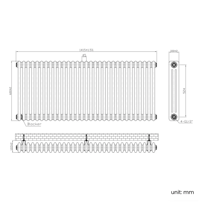 Athens Antique Copper Triple Column Horizontal Traditional Radiator 600x1415mm