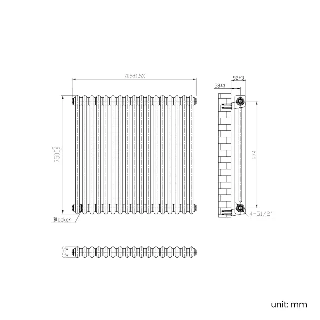 Athens Antique Gold Double Column Horizontal Traditional Radiator 750x785mm
