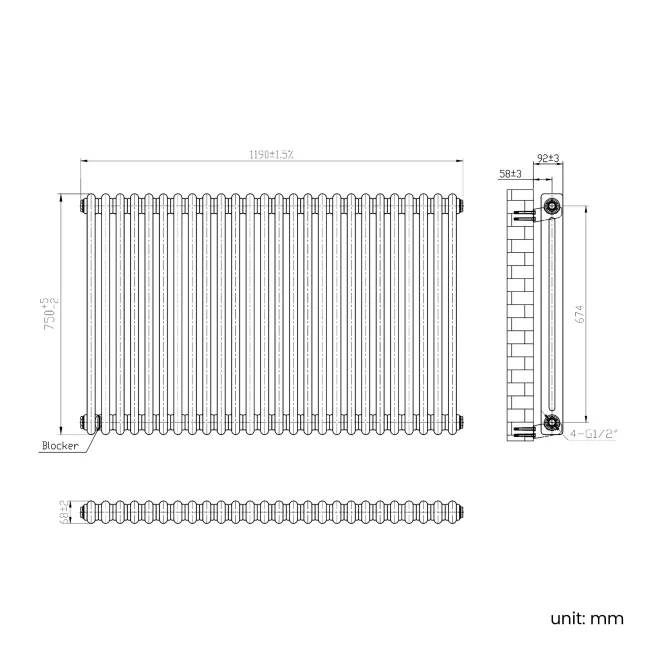 Athens Antique Gold Double Column Horizontal Traditional Radiator 750x1190mm