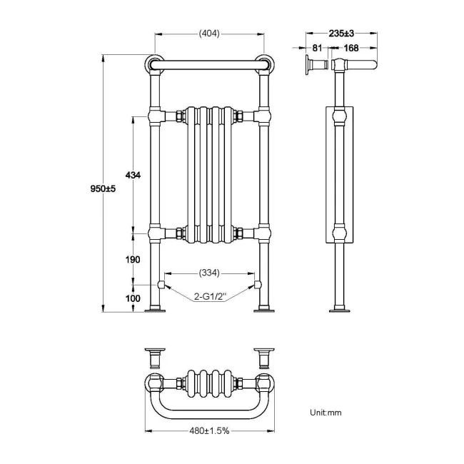 Gibraltar Small White Traditional Heated Towel Radiator (With Overhanging Rail)