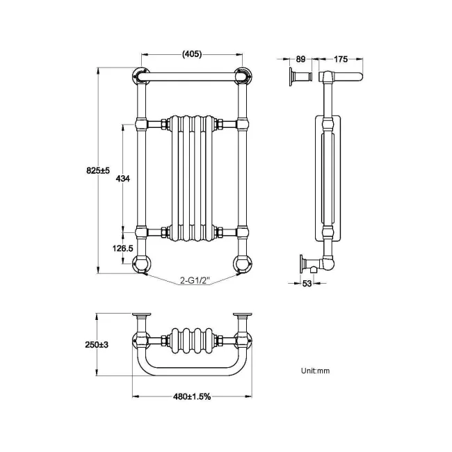 Gibraltar Wall Hung Small White Traditional Heated Towel Radiator (With Overhanging Rail)