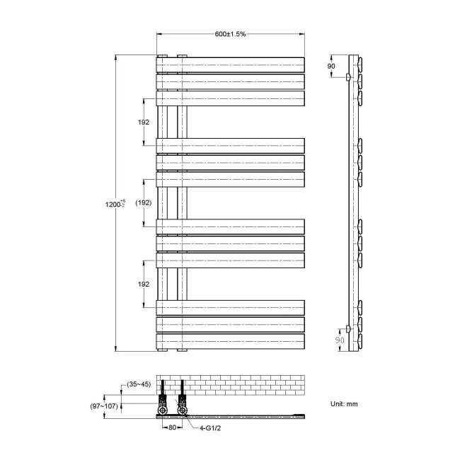 Seville Anthracite Designer Flat Panel Heated Towel Rail 1200x600mm