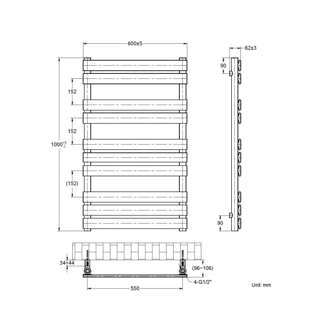 Santorini Matt Black Flat Panel Heated Towel Rail 1000x600mm