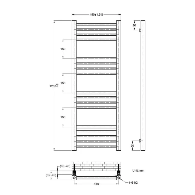 Valetta Matt Black Square Heated Towel Rail 1200x450mm