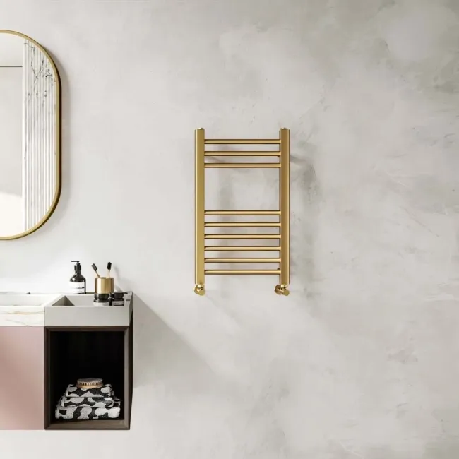 Barcelona Brushed Brass Straight Heated Towel Rail 650x400mm