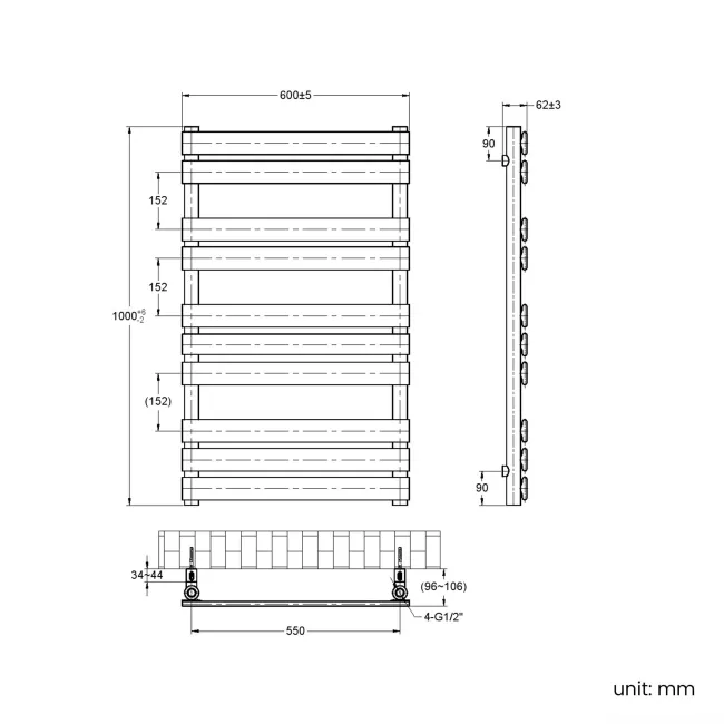 Santorini Brushed Brass Flat Panel Heated Towel Rail 1000x600mm