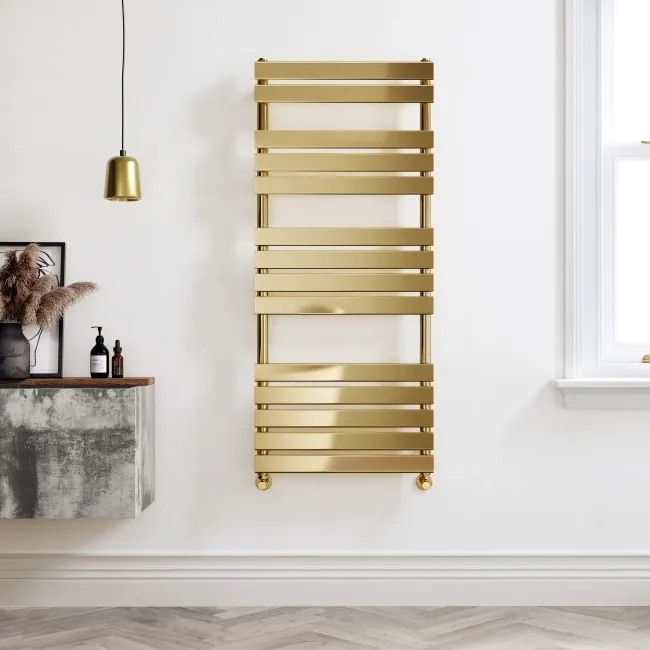 Santorini Brushed Brass Flat Panel Heated Towel Rail 1400x600mm