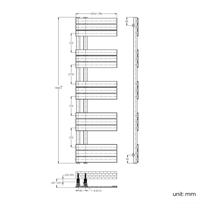 Seville Brushed Copper Designer Flat Panel Heated Towel Rail 1600x450mm