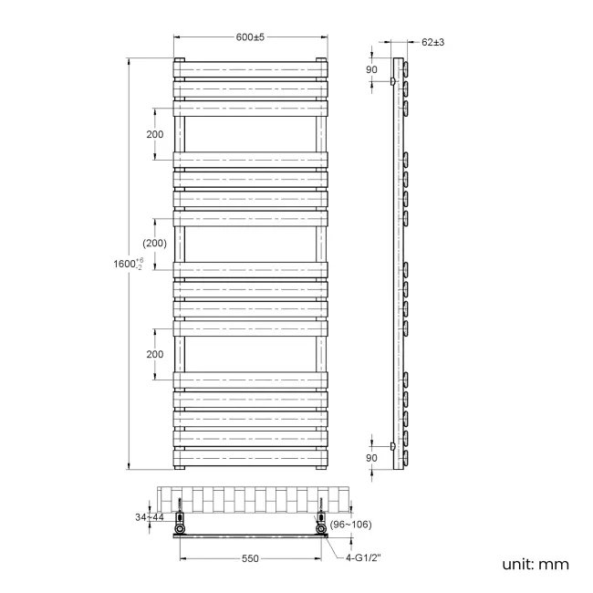 Santorini Brushed Copper Flat Panel Heated Towel Rail 1600x600mm