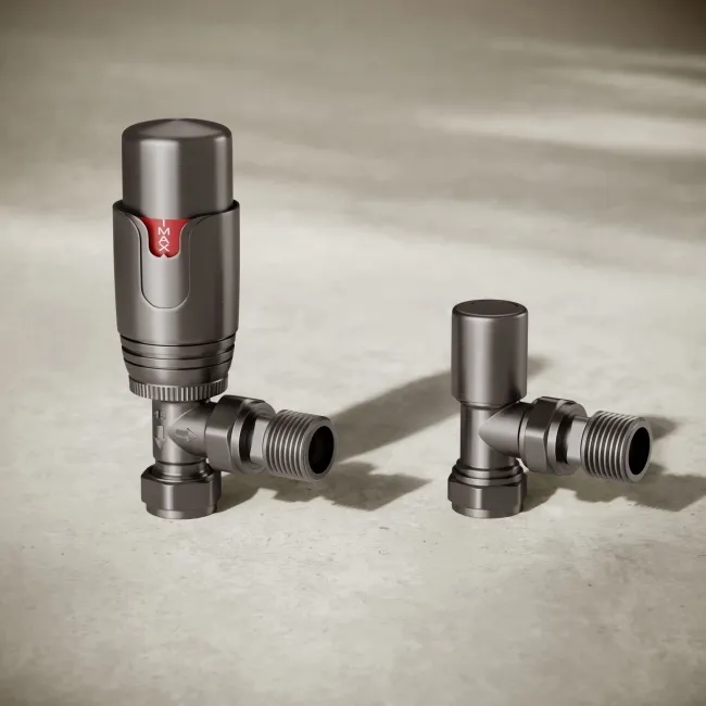 Brushed Gunmetal Thermostatic Angled Radiator Valve (Pair) Standard 15mm