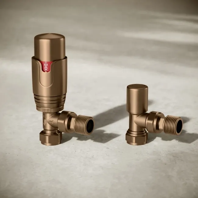 Brushed Copper Thermostatic Angled Radiator Valve (Pair) Standard 15mm
