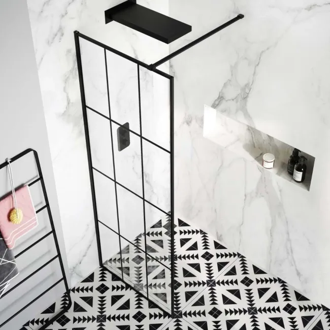 Munich Matt Black Grid Easy Clean 8mm Wet Room Shower Glass Panel 800mm