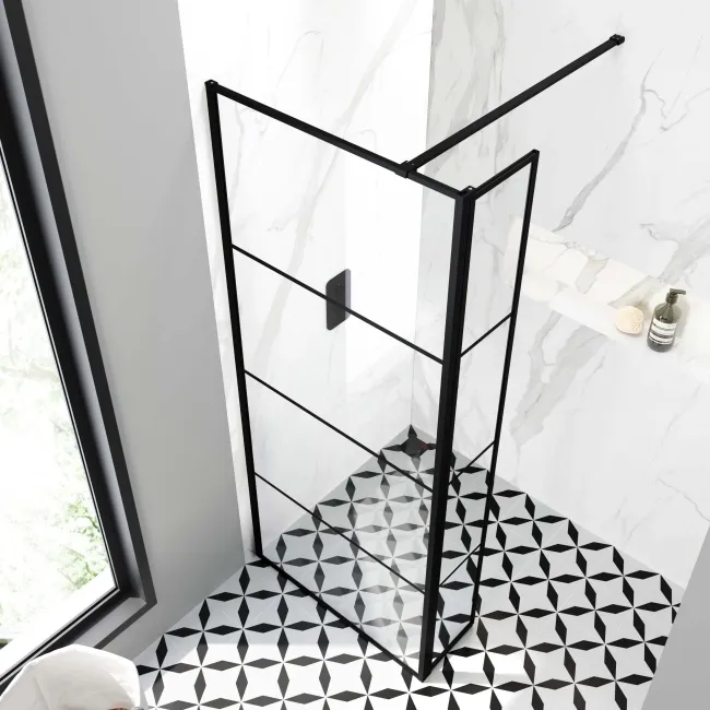 Munich Matt Black Grid Easy Clean 8mm Pivotal Wet Room Shower Glass Return Panel 250mm