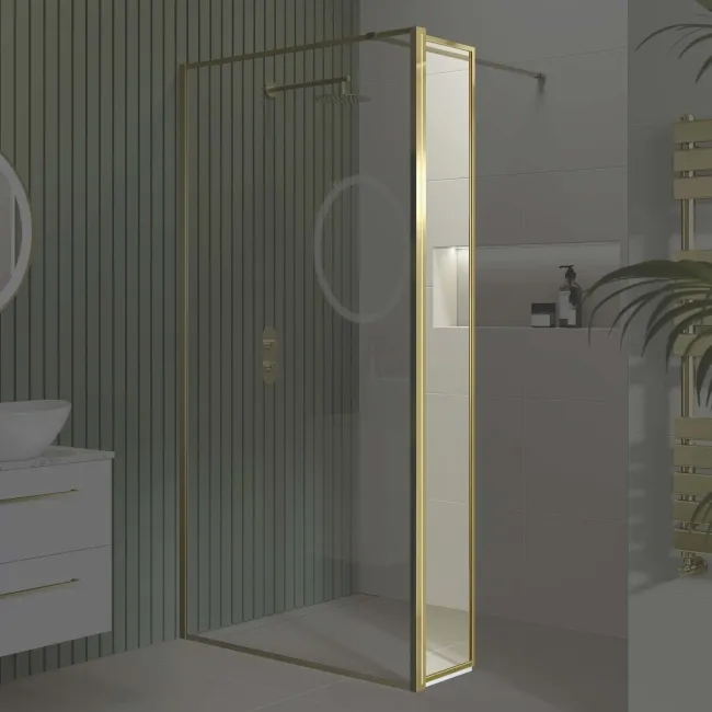 Munich Brushed Brass Framed Easy Clean 8mm Pivotal Wet Room Shower Glass Return Panel 250mm