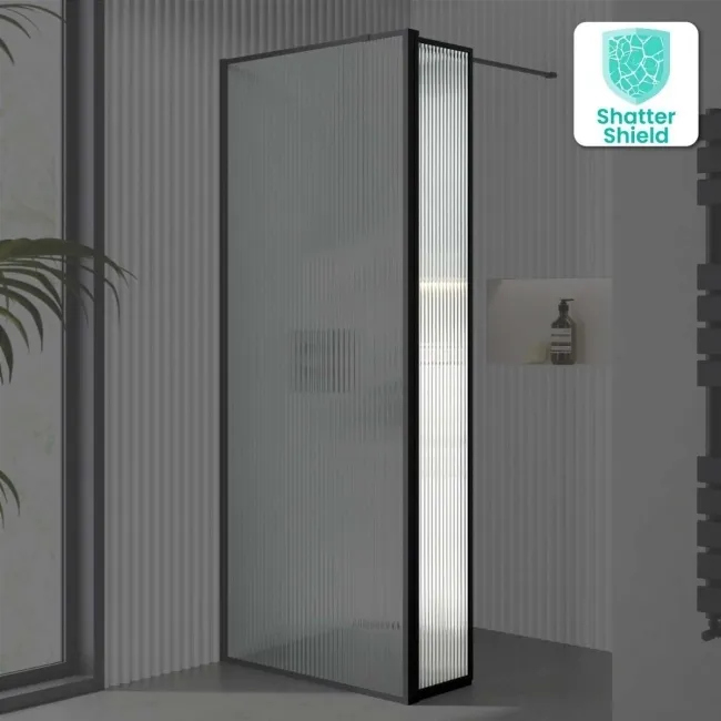 Munich Fluted Effect Matt Black Framed Easy Clean 8mm Pivotal Wet Room Shower Glass Return Panel 250mm