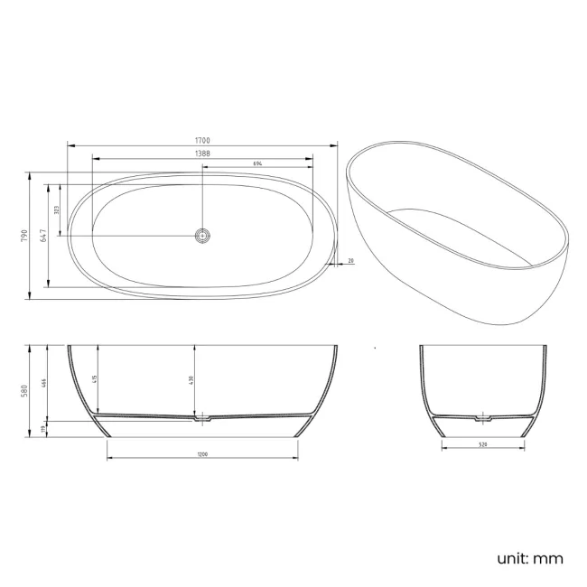 Soho 1700mm Transparent Black Freestanding Bath