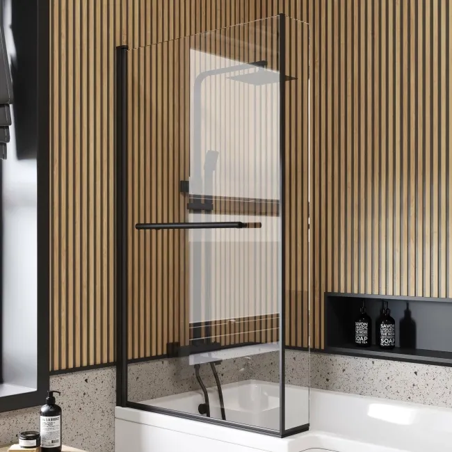6mm L Shaped Easy Clean Bath Screen with Towel Rail - Matt Black