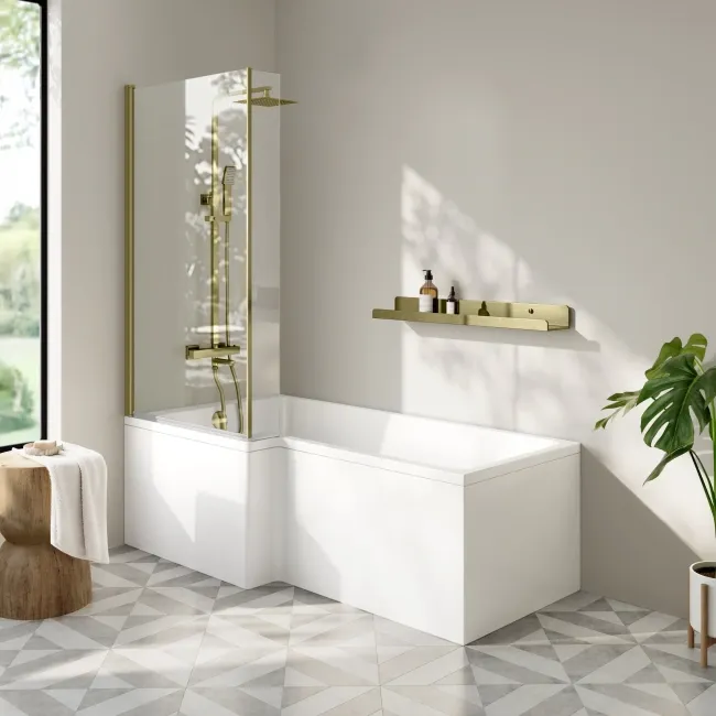L Shaped Easy Clean 6mm Brushed Brass Bath Screen