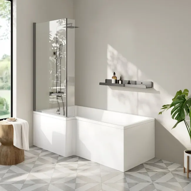 L Shaped Easy Clean 6mm Brushed Gunmetal Bath Screen