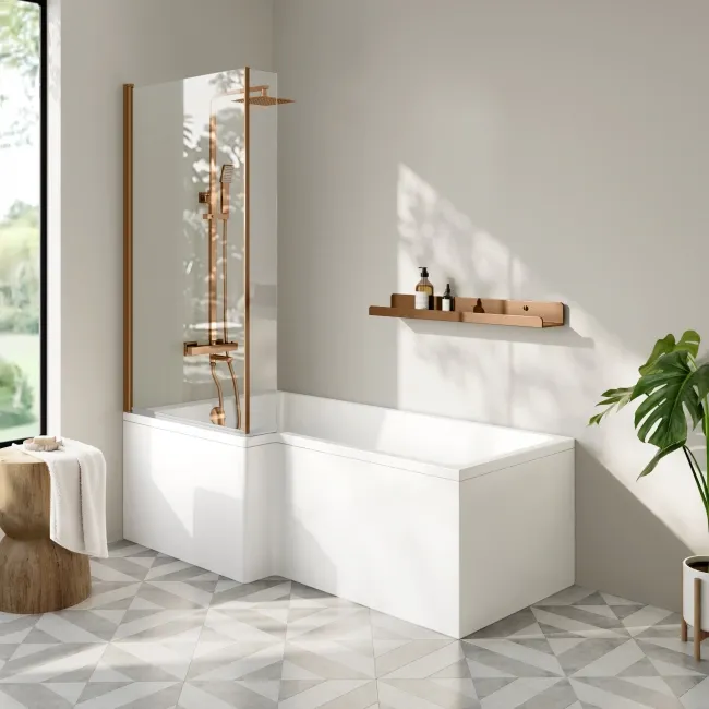 L Shaped Easy Clean 6mm Brushed Copper Bath Screen