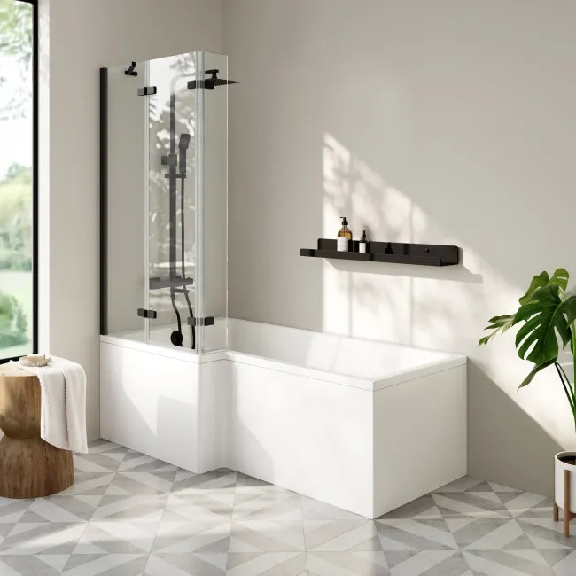 Lucan Easy Clean Matt Black 6mm L Shaped Folding Bath Screen
