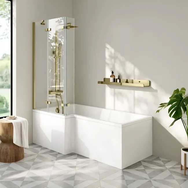 Lucan Easy Clean Brushed Brass 6mm L Shaped Folding Bath Screen