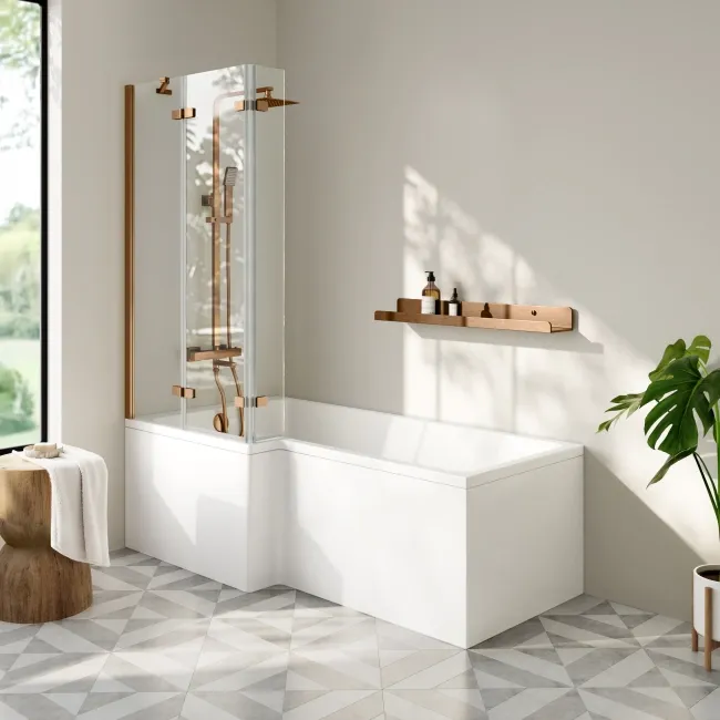 Lucan Easy Clean Brushed Copper 6mm L Shaped Folding Bath Screen