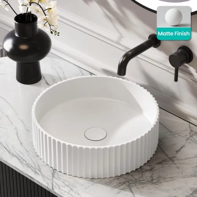 Missouri Matt White Fluted Round Counter Top Stone Basin 380mm