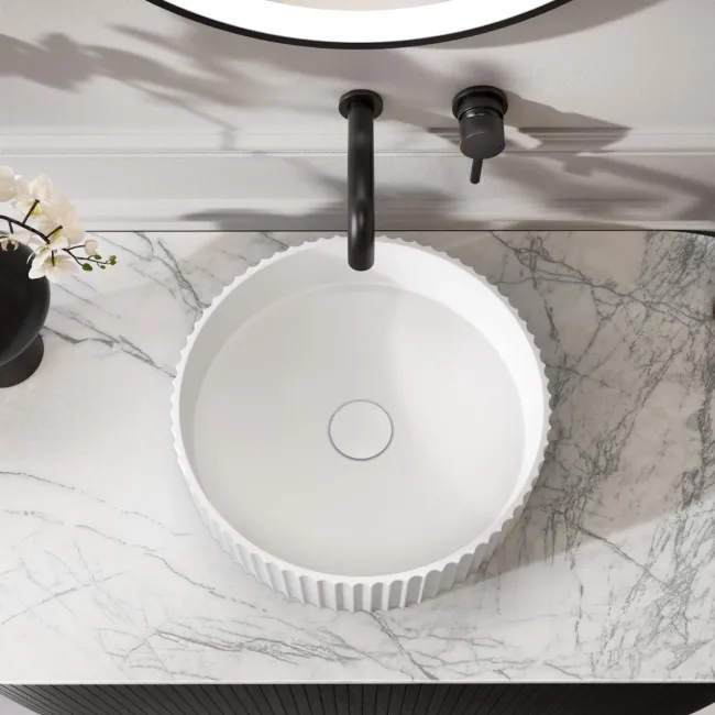 Missouri Matt White Fluted Round Counter Top Stone Basin 380mm