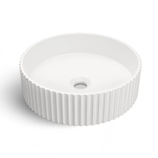 Missouri Matt White Fluted Round Counter Top Stone Basin 380mm